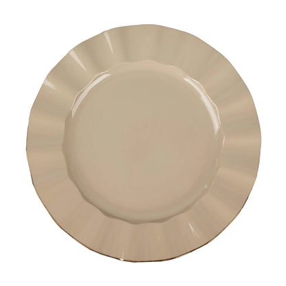 11inch Taupe Hard Plastic Dinner Plates Gold Ruffled Rim, Large Heavy Duty Dinnerware#whtbkgd