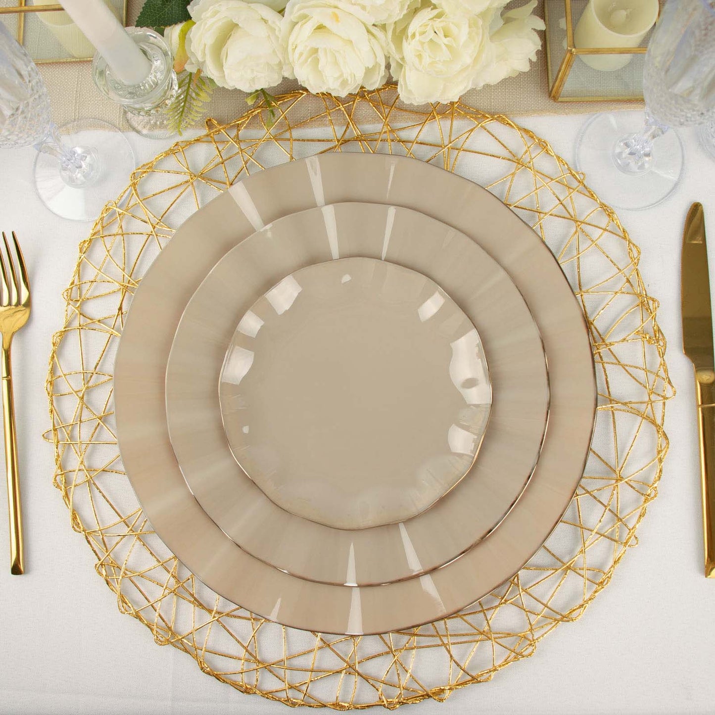 Taupe Hard Plastic Plates With Gold Ruffled Rim Dinner Plates In 11 Inch Wide