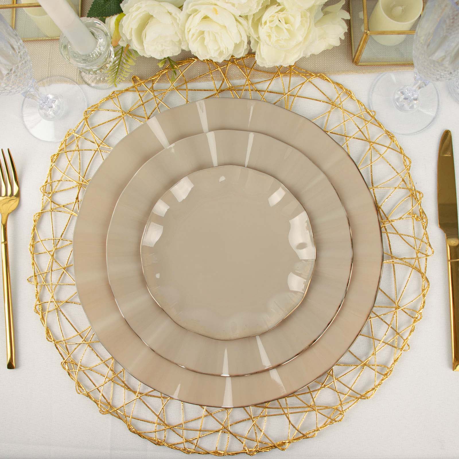 Taupe Hard Plastic Plates With Gold Ruffled Rim Dinner Plates In 11 Inch Wide