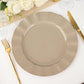10 Pack | 11" Taupe Disposable Dinner Plates With Gold Ruffled Rim, Round Plastic Party Plates