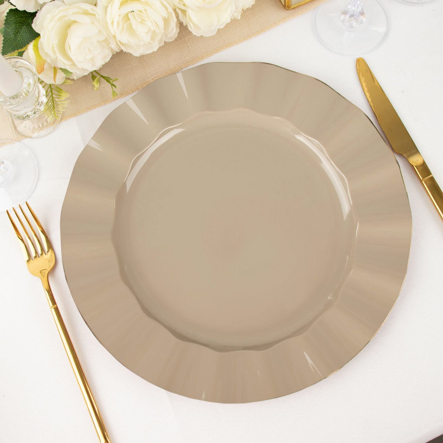 10 Pack | 11" Taupe Disposable Dinner Plates With Gold Ruffled Rim, Round Plastic Party Plates