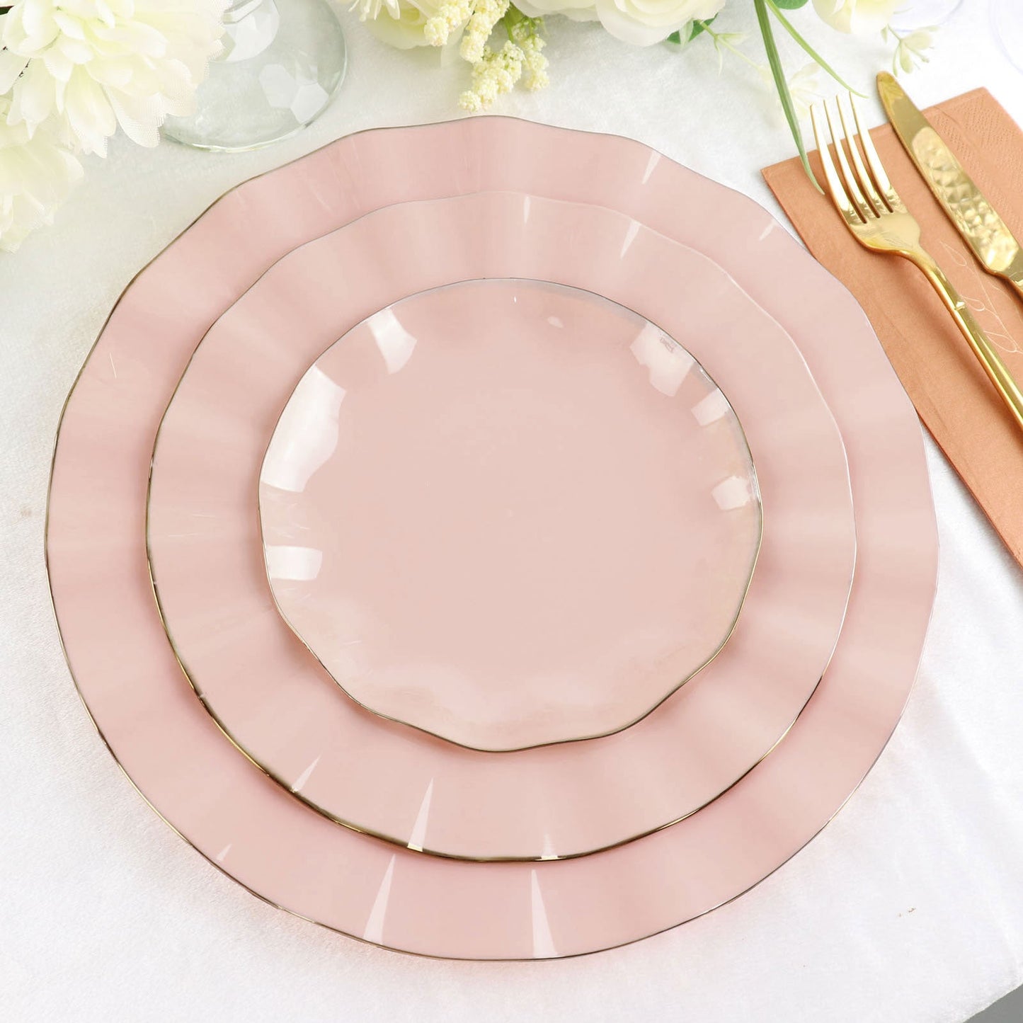 10 Pack 6" Blush Hard Plastic Dessert Plates with Gold Ruffled Rim, Heavy Duty Disposable Salad Appetizer Dinnerware