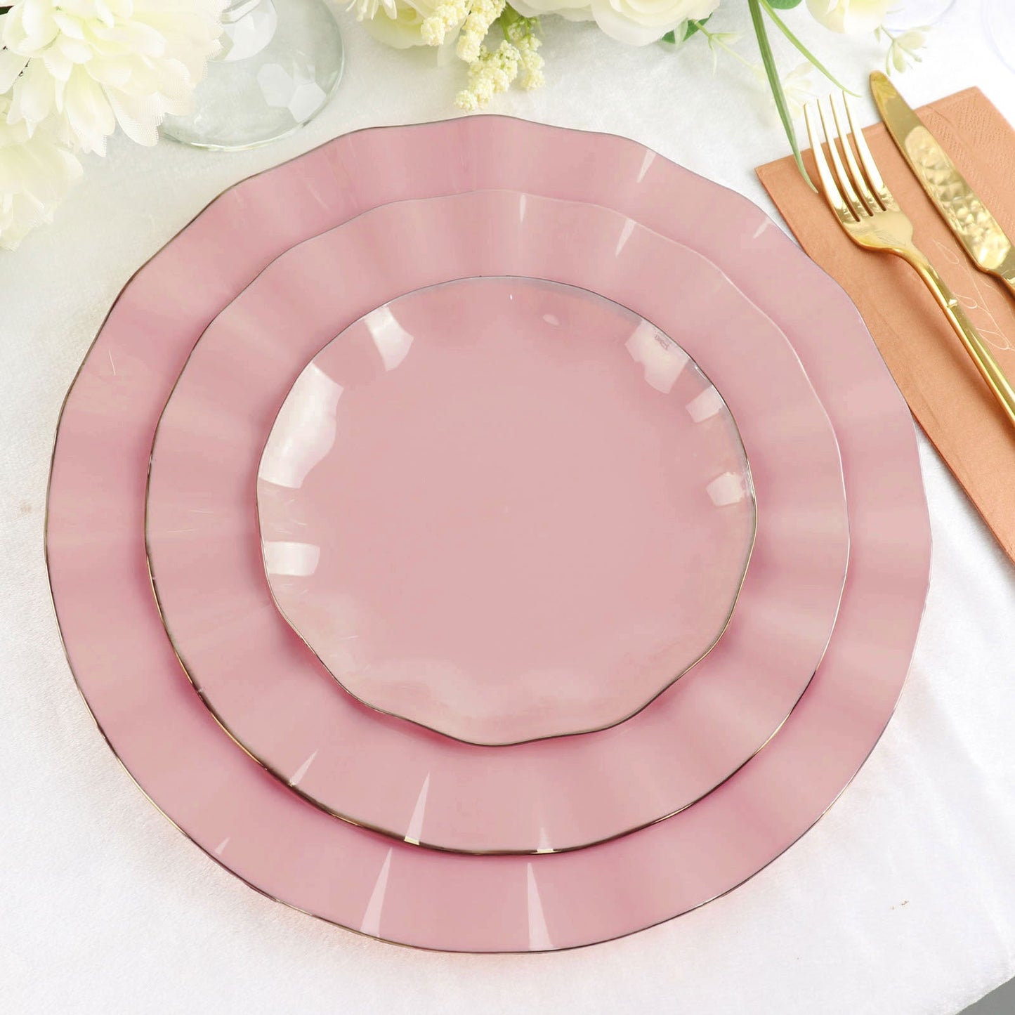 10 Pack | 6" Dusty Rose Hard Plastic Dessert Plates with Gold Ruffled Rim, Heavy Duty Disposable Salad Appetizer Dinnerware