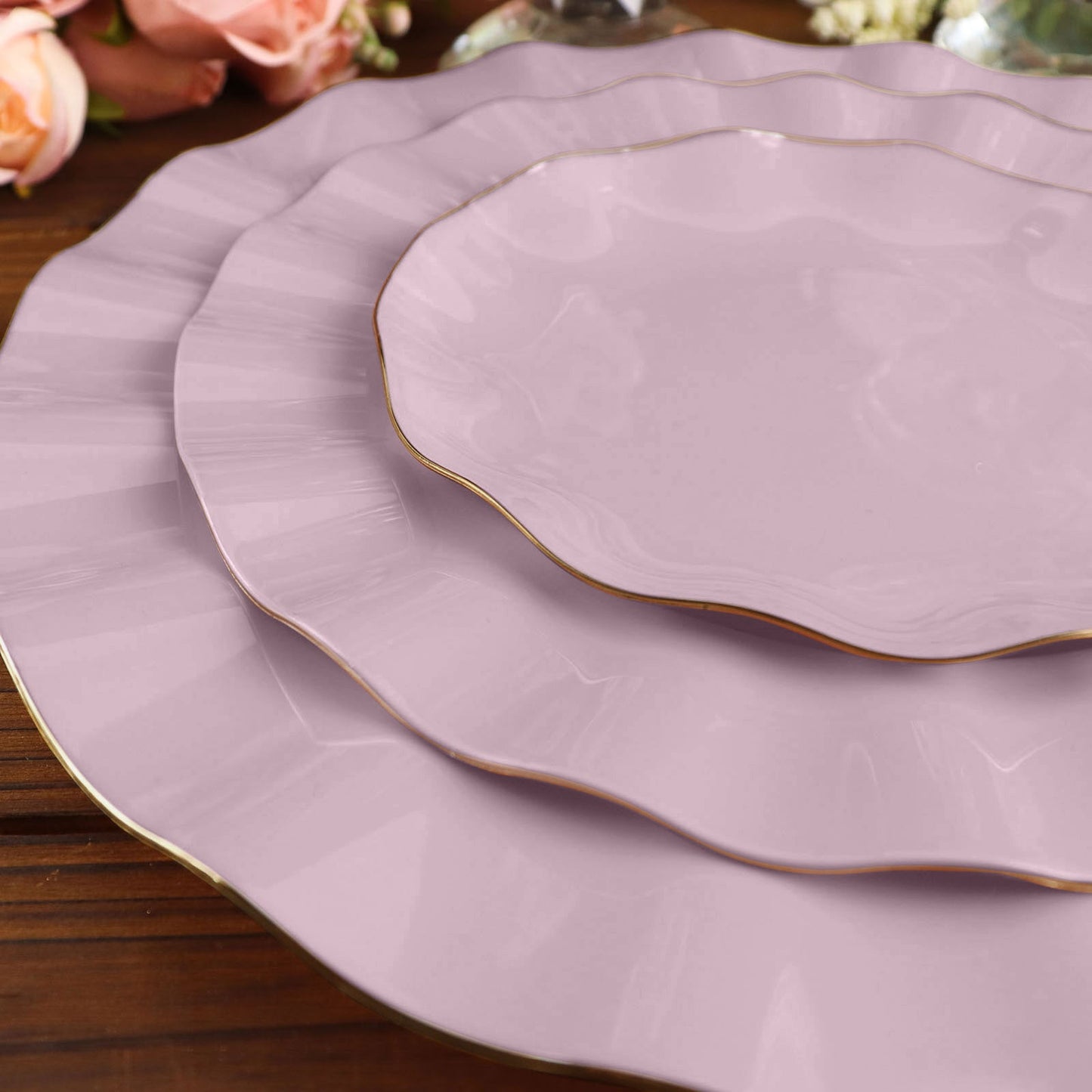 10 Pack | 6inch Lavender Lilac Hard Plastic Dessert Plates with Gold Ruffled Rim