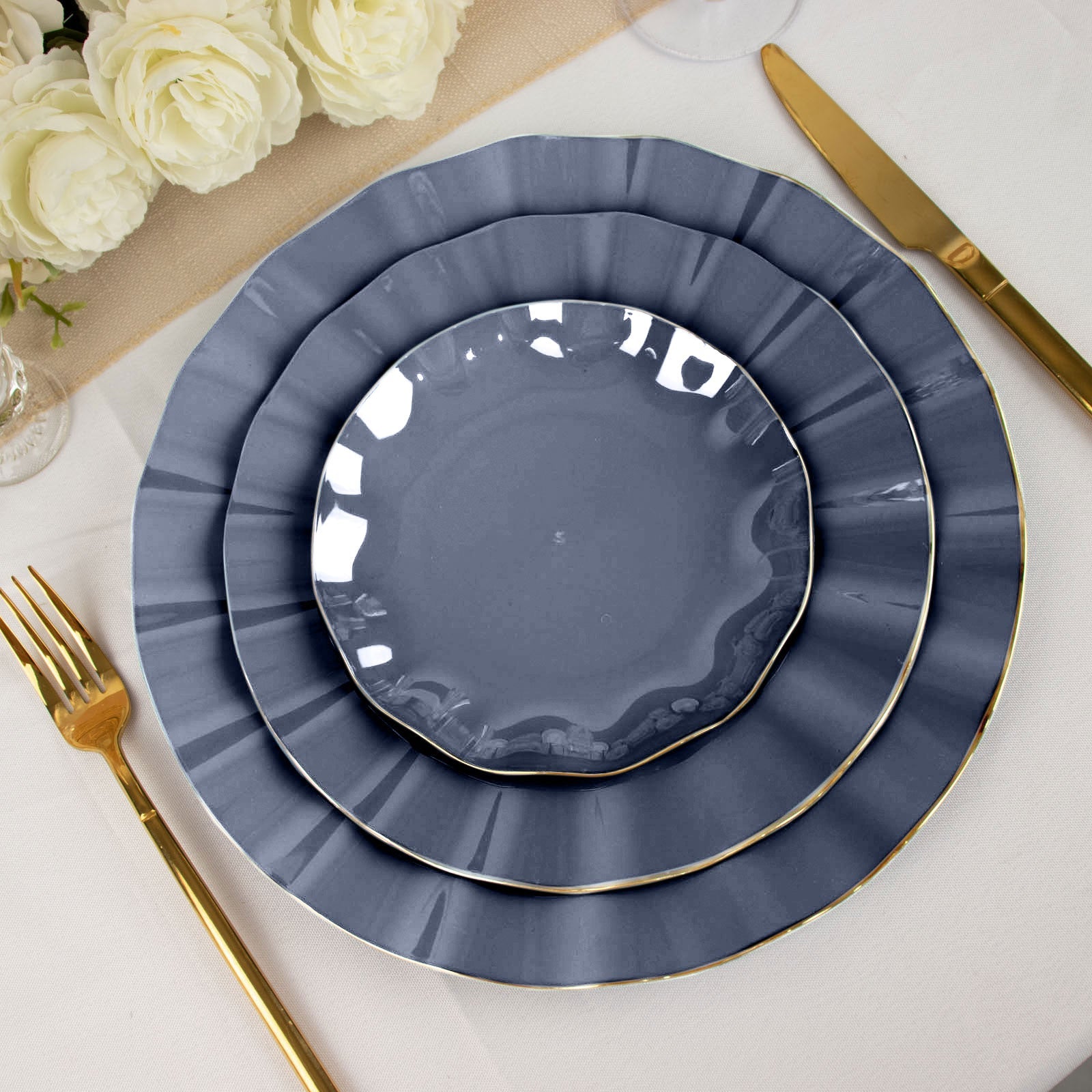 6 Inch Size Navy Blue Plastic Plates With Gold Ruffled Rim Round Dessert Plates