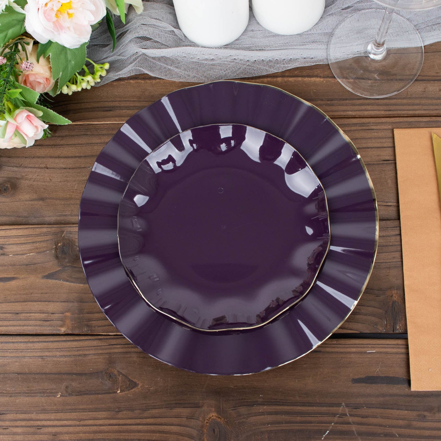 10 Pack | 6" Purple Hard Plastic Dessert Plates with Gold Ruffled Rim, Heavy Duty Disposable Salad Appetizer Dinnerware