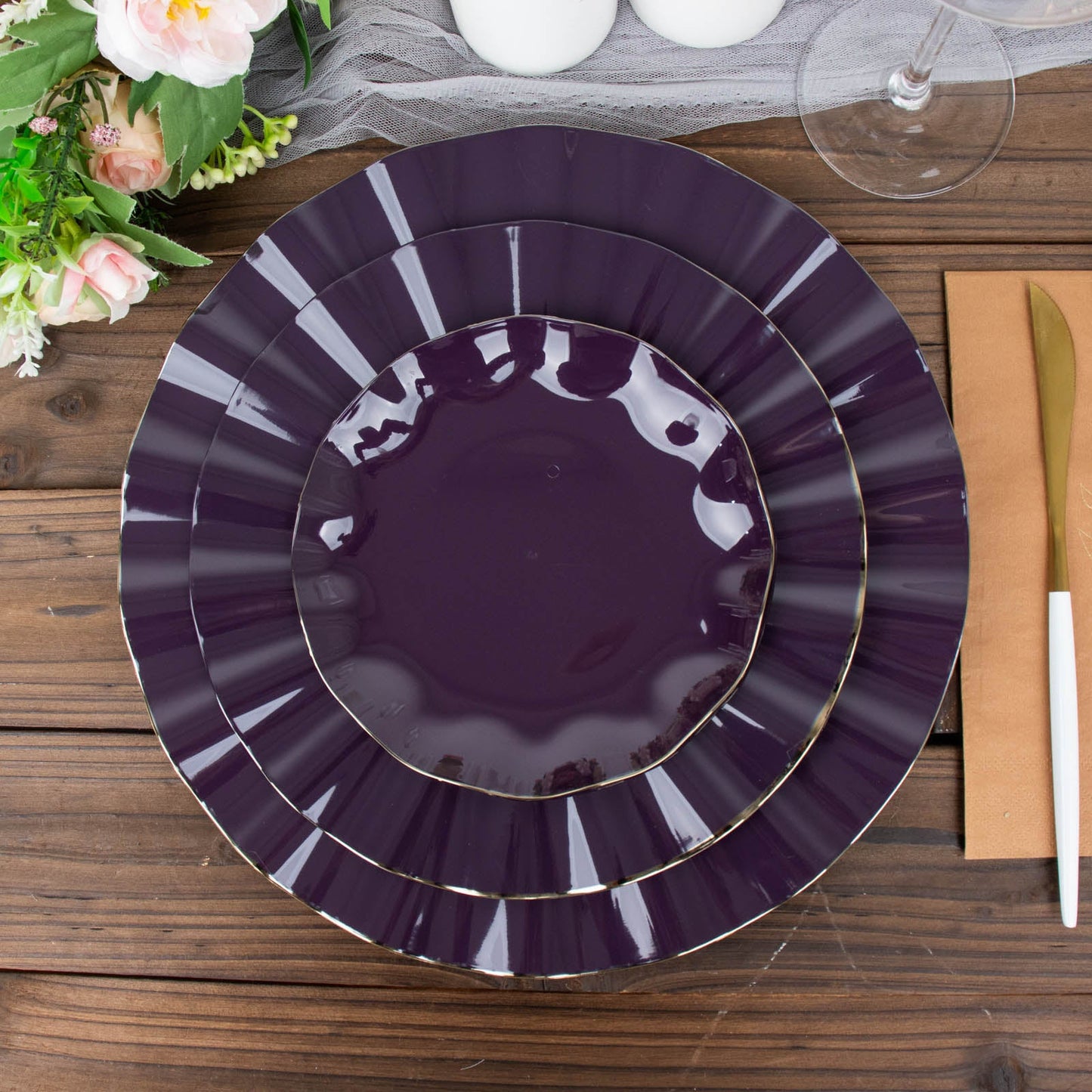 Gold Ruffled Purple Plastic Plates For Desserts 6 Inch
