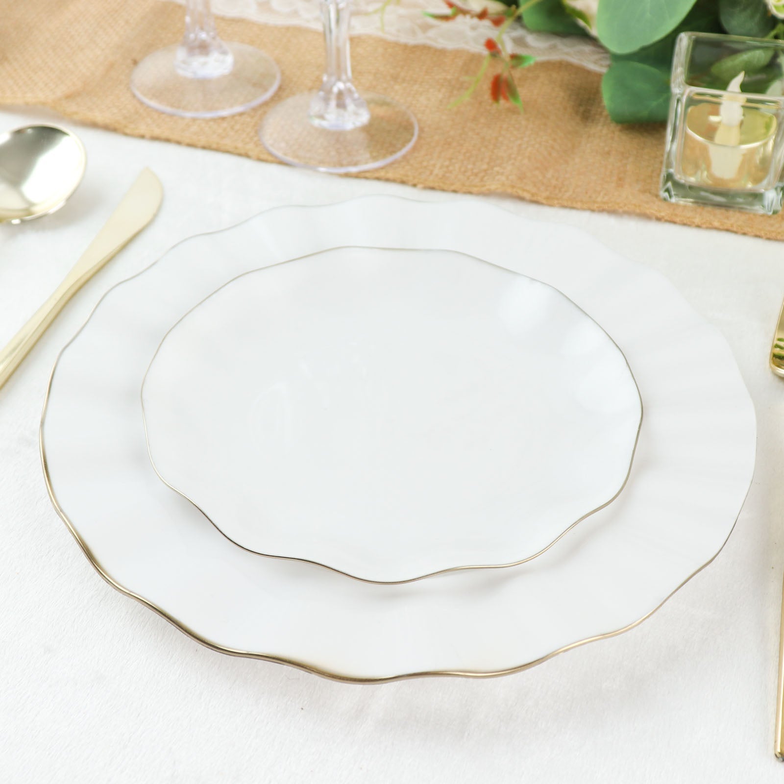 Disposable 6 Inch White Hard Plastic Round Dessert Plates with Gold Ruffled Rim Design 10 Pack 