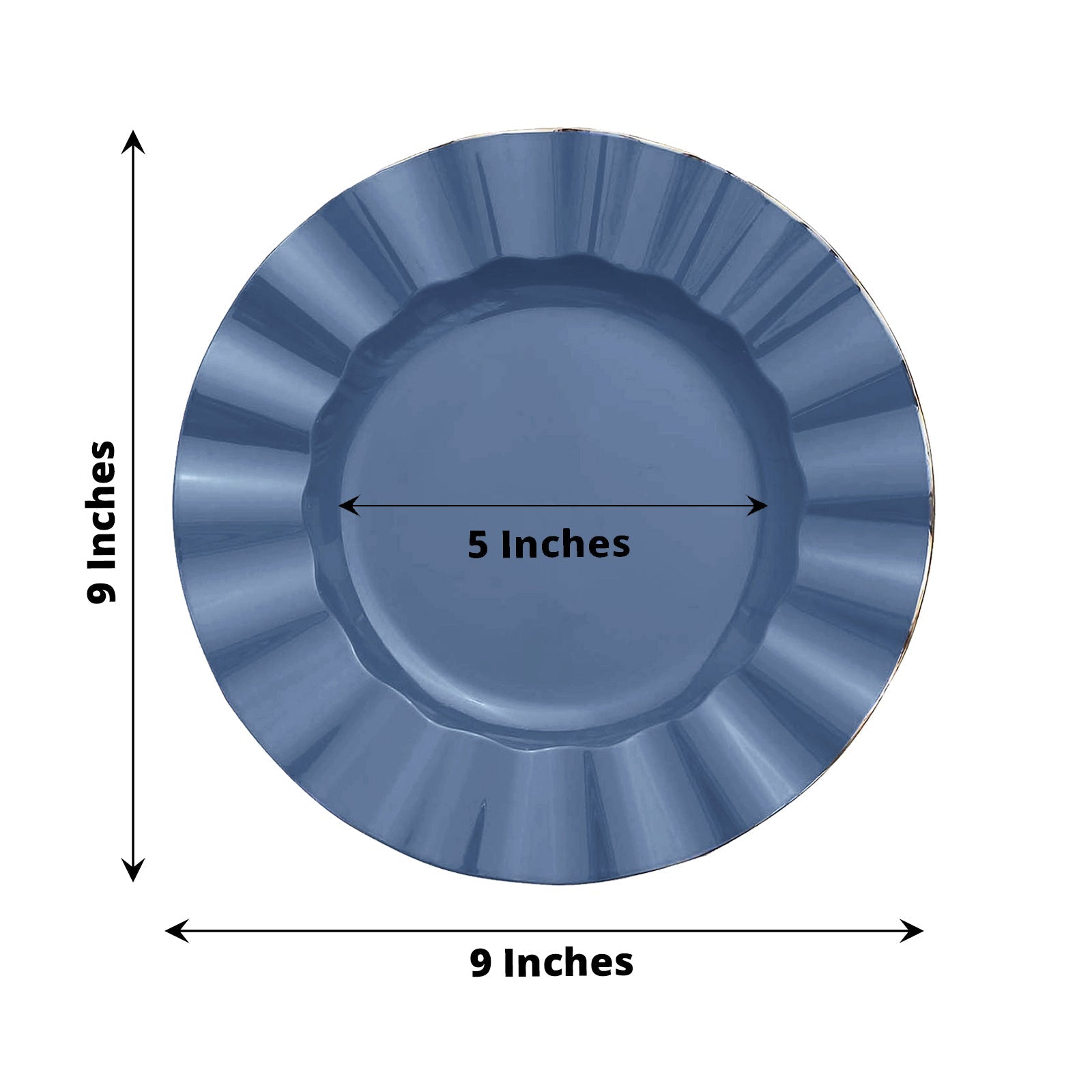 9" Ocean Blue Dinner Plate with Gold Ruffled Rim, Heavy Duty Disposable.