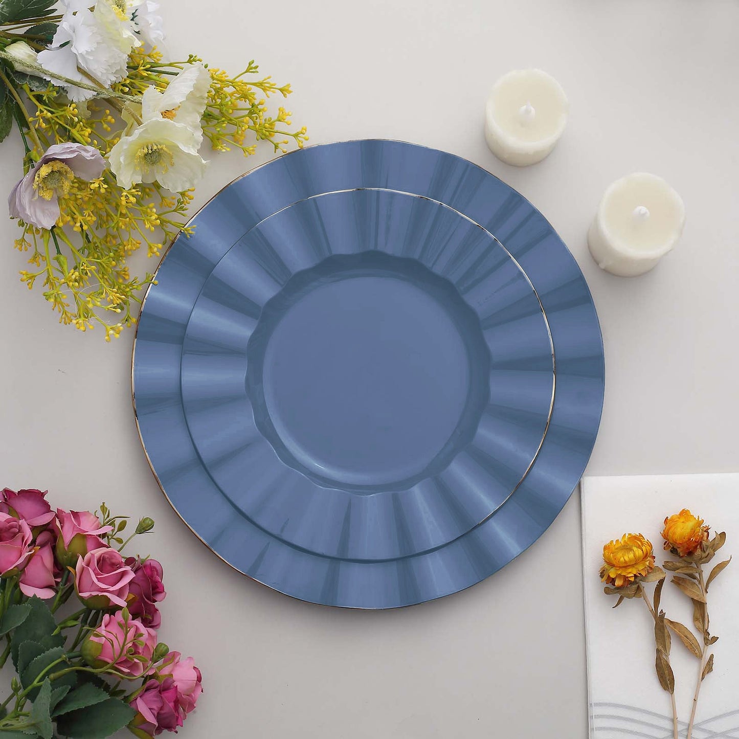 9" Ocean Blue Disposable Dinner Plates with Gold Ruffled Rim