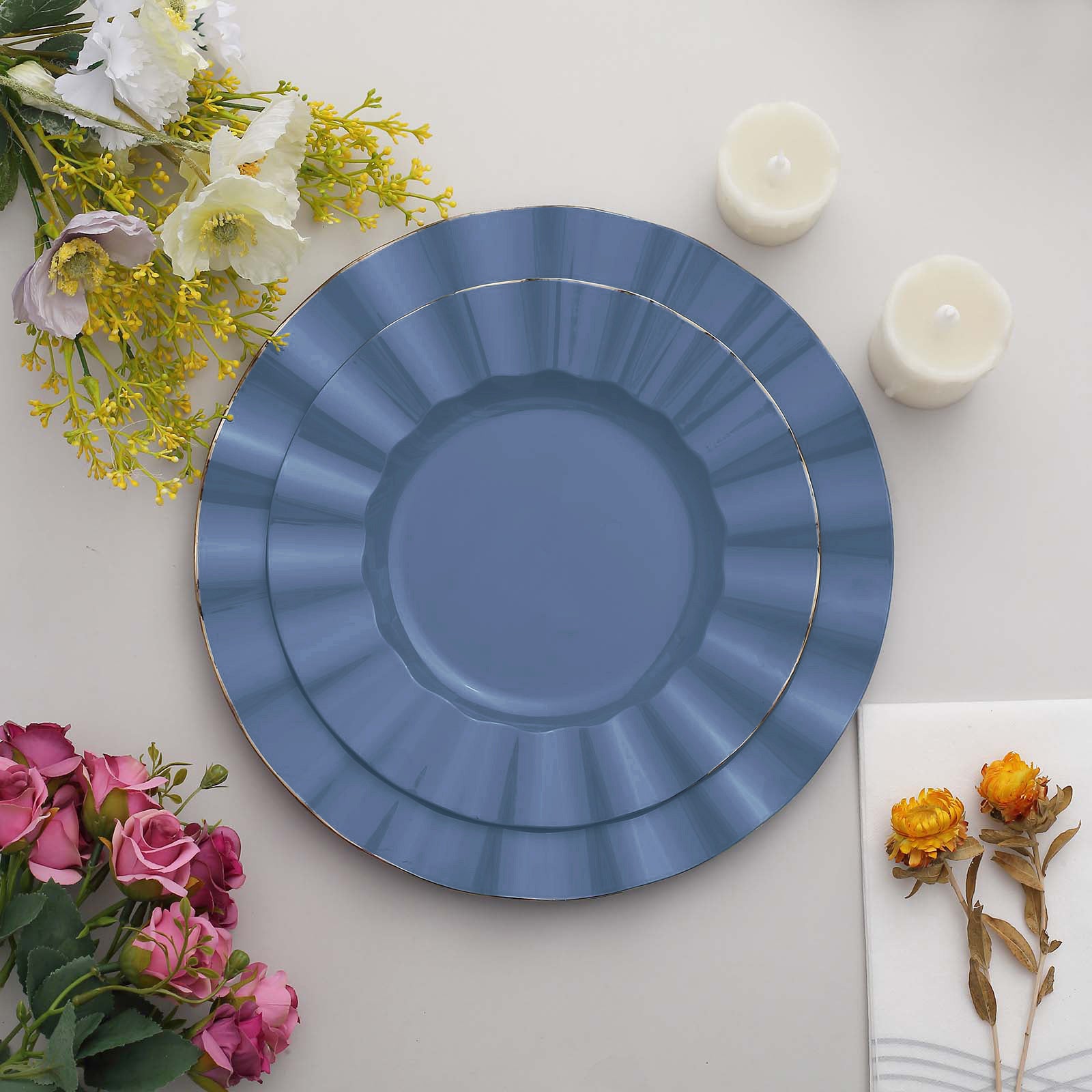 9" Ocean Blue Disposable Dinner Plates with Gold Ruffled Rim