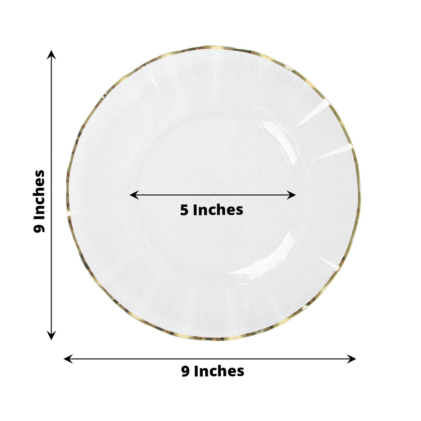 9" clear hard plastic dinner plate with gold ruffled rim.