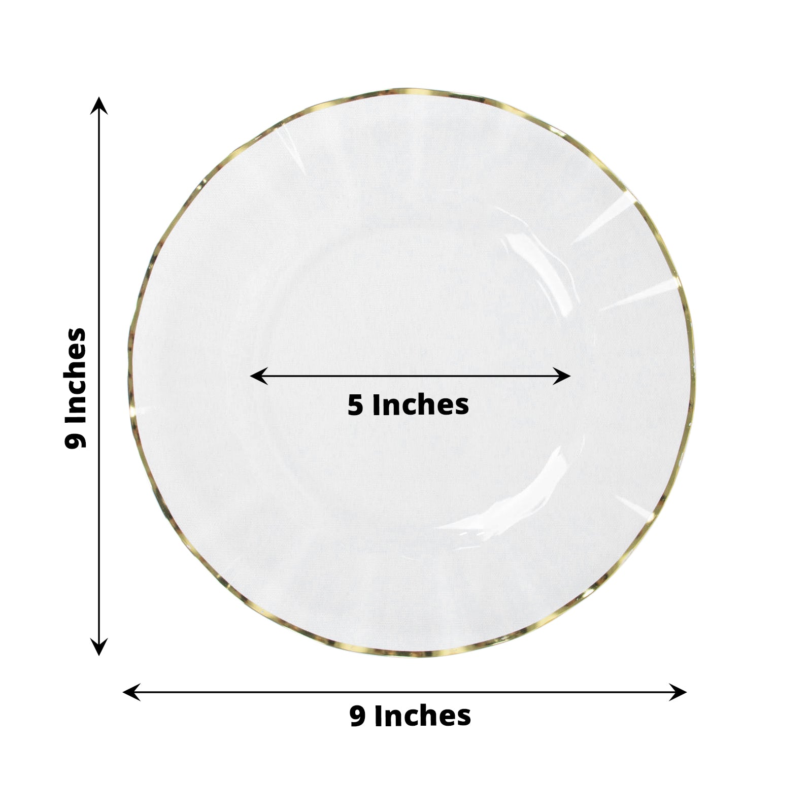 9" clear hard plastic dinner plate with gold ruffled rim.