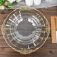 Clear plastic dinner plate with gold ruffled rim, heavy-duty disposable tableware.