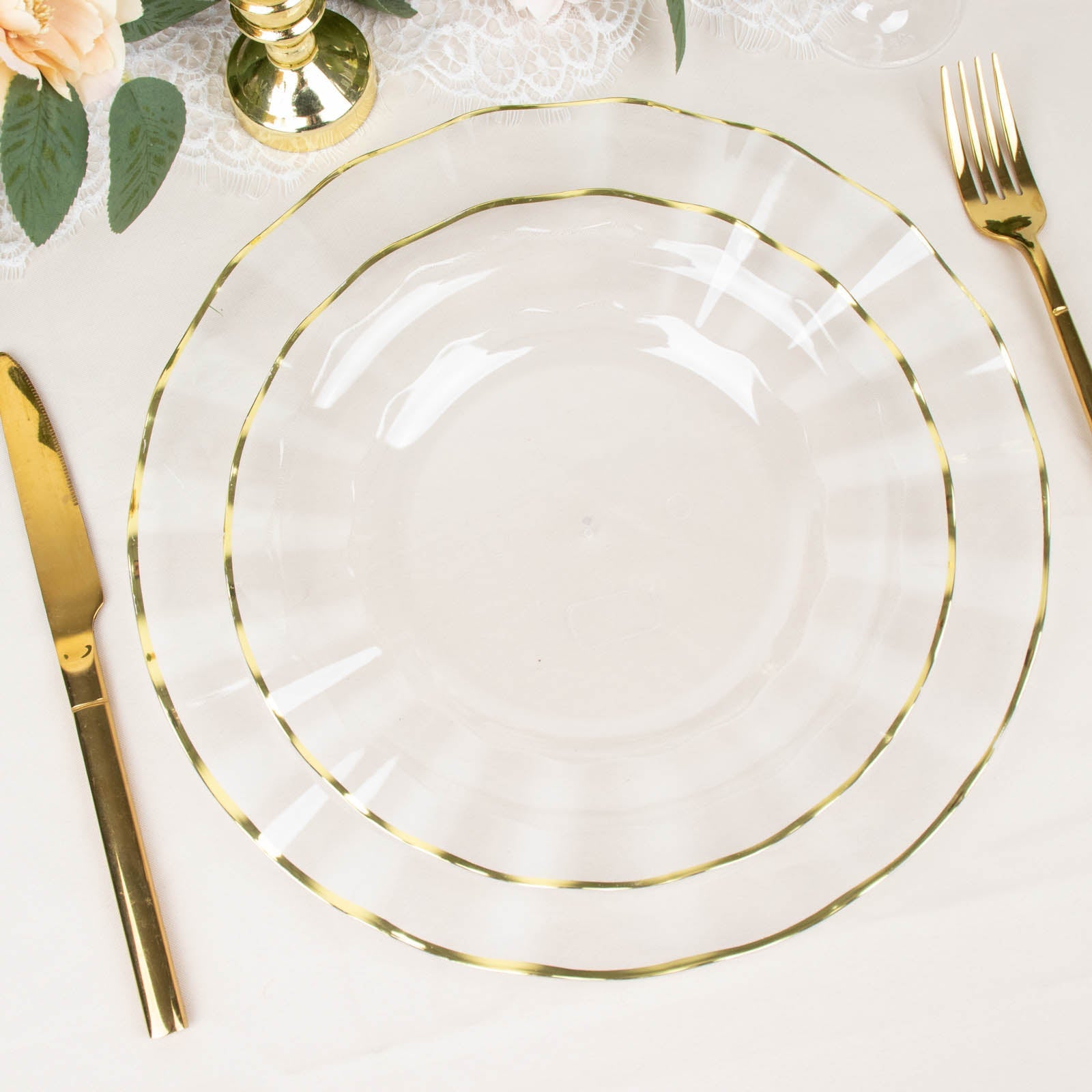 9" clear hard plastic dinner plates with gold ruffled rim, heavy duty disposable.