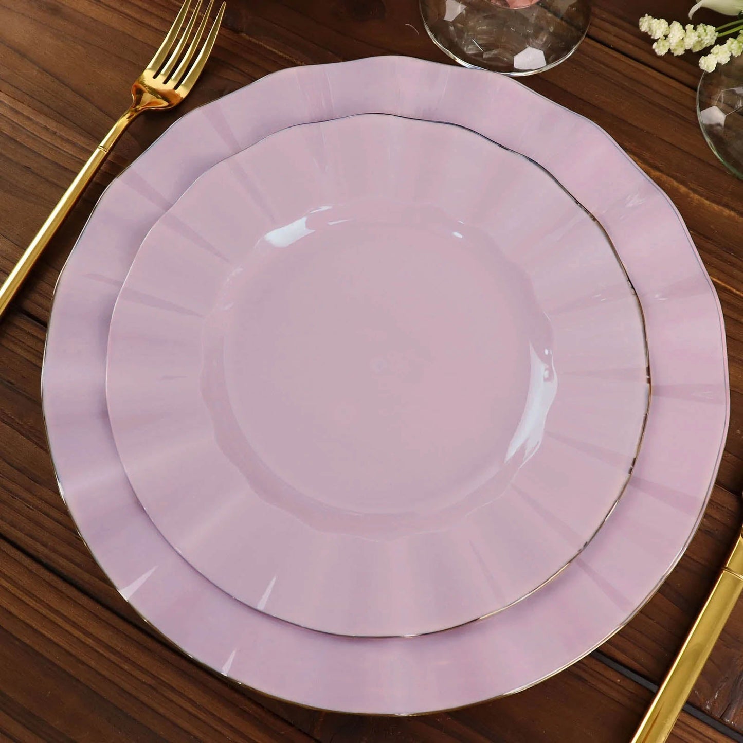 10 Pack | 9" Lavender Lilac Hard Plastic Dinner Plates with Gold Ruffled Rim, Heavy Duty Disposable Dinnerware