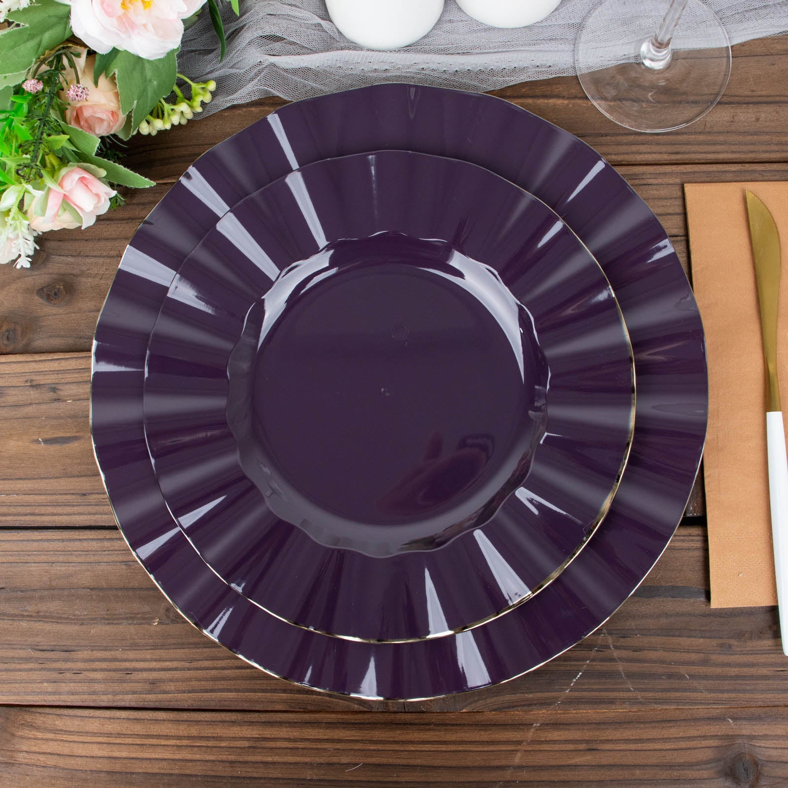 Purple dinner plates with gold ruffled rim, heavy duty disposable tableware.