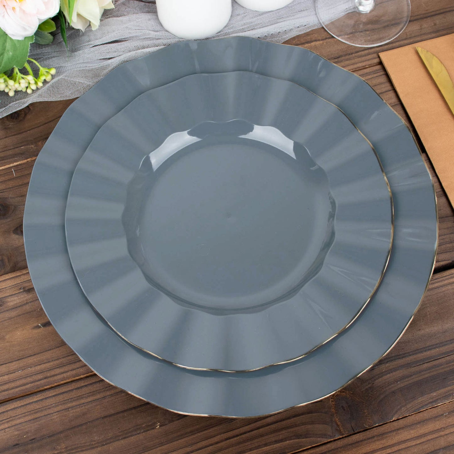 10 Pack | 9" Dusty Blue Hard Plastic Dinner Plates with Gold Ruffled Rim, Heavy Duty Disposable Dinnerware