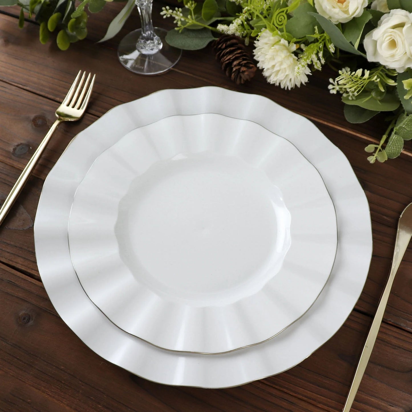 10 Pack | 9" White Hard Plastic Dinner Plates with Gold Ruffled Rim, Heavy Duty Disposable Dinnerware