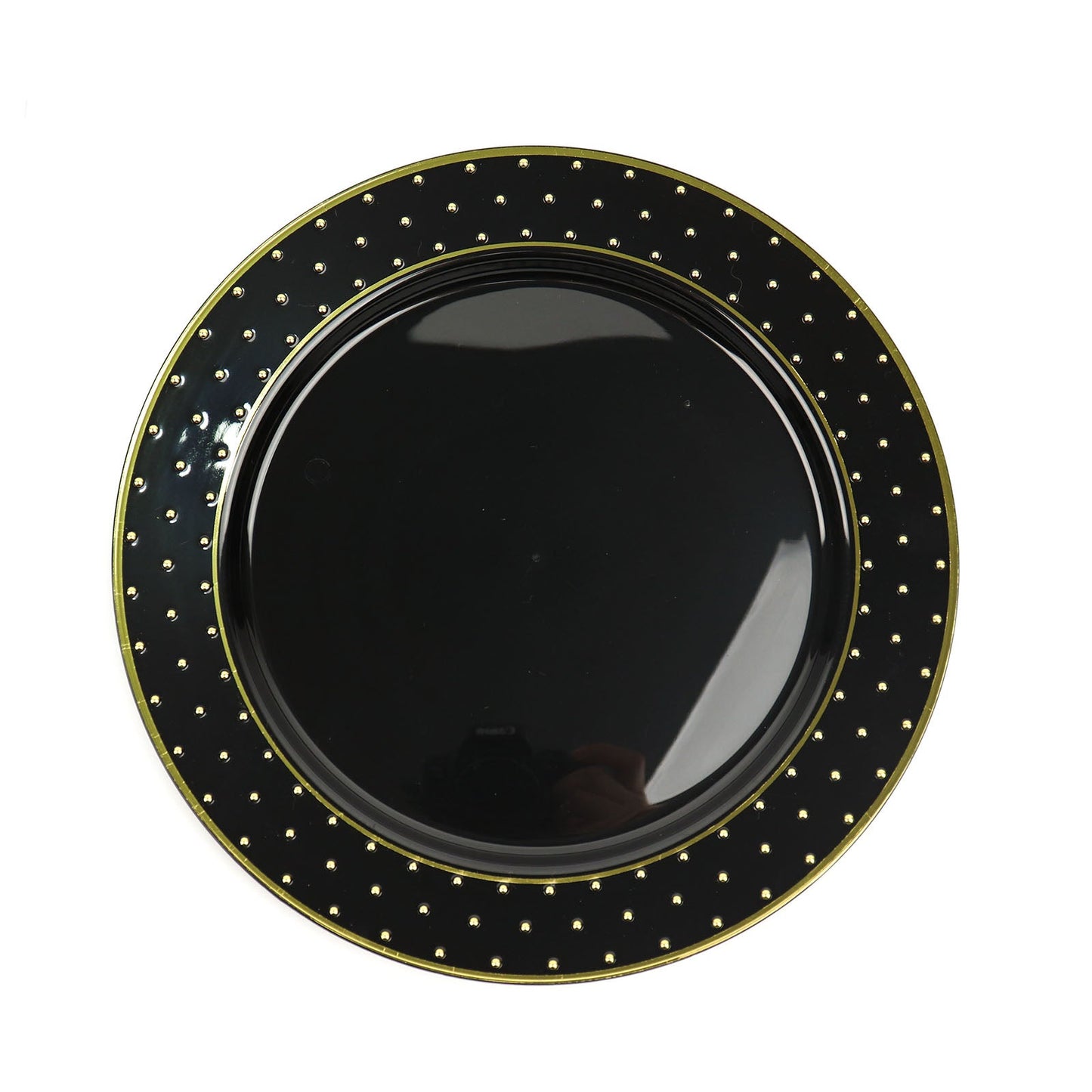 Black and gold 3D round disposable appetizer plates with polka dotted rim.