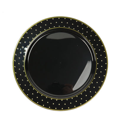 Black and gold 3D round disposable appetizer plates with polka dotted rim.