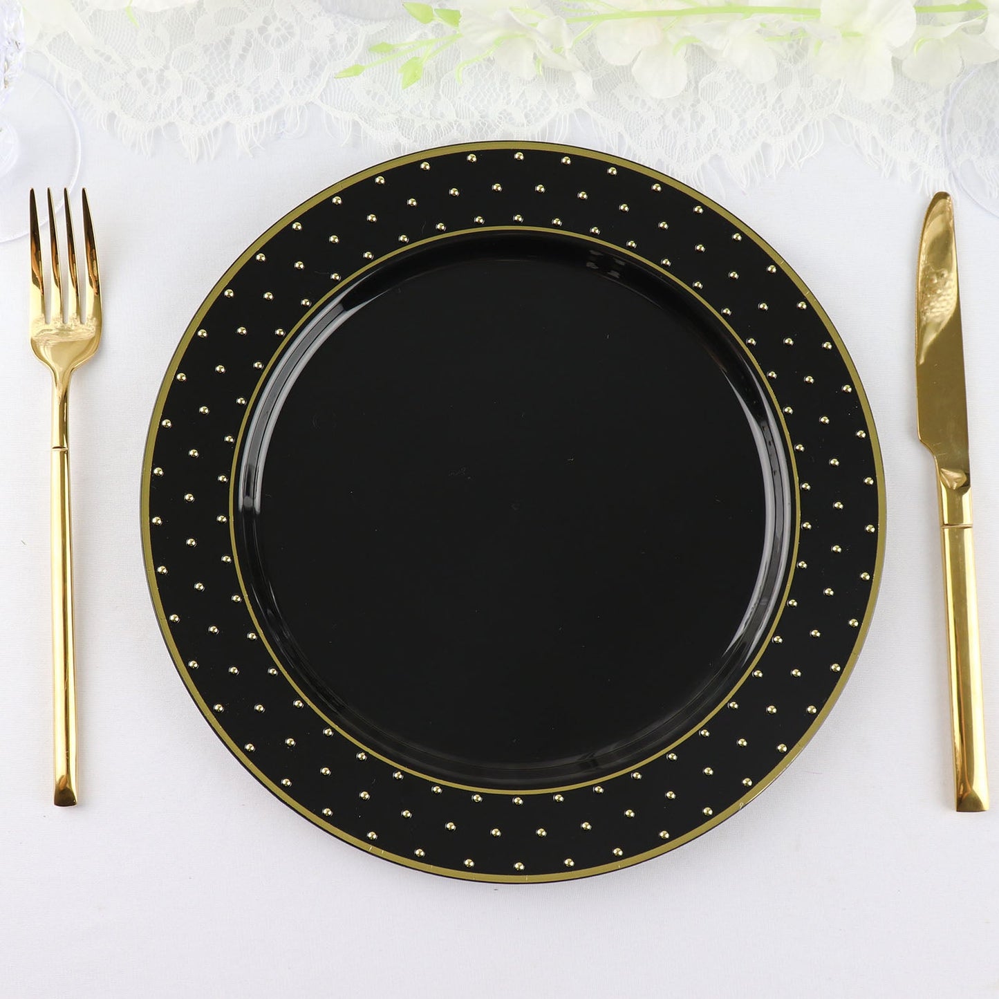 10 Pack | 10" Black / Gold 3D Round Plastic Dinner Plates, Disposable Party Serving Plates With 3D Polka Dotted Rim
