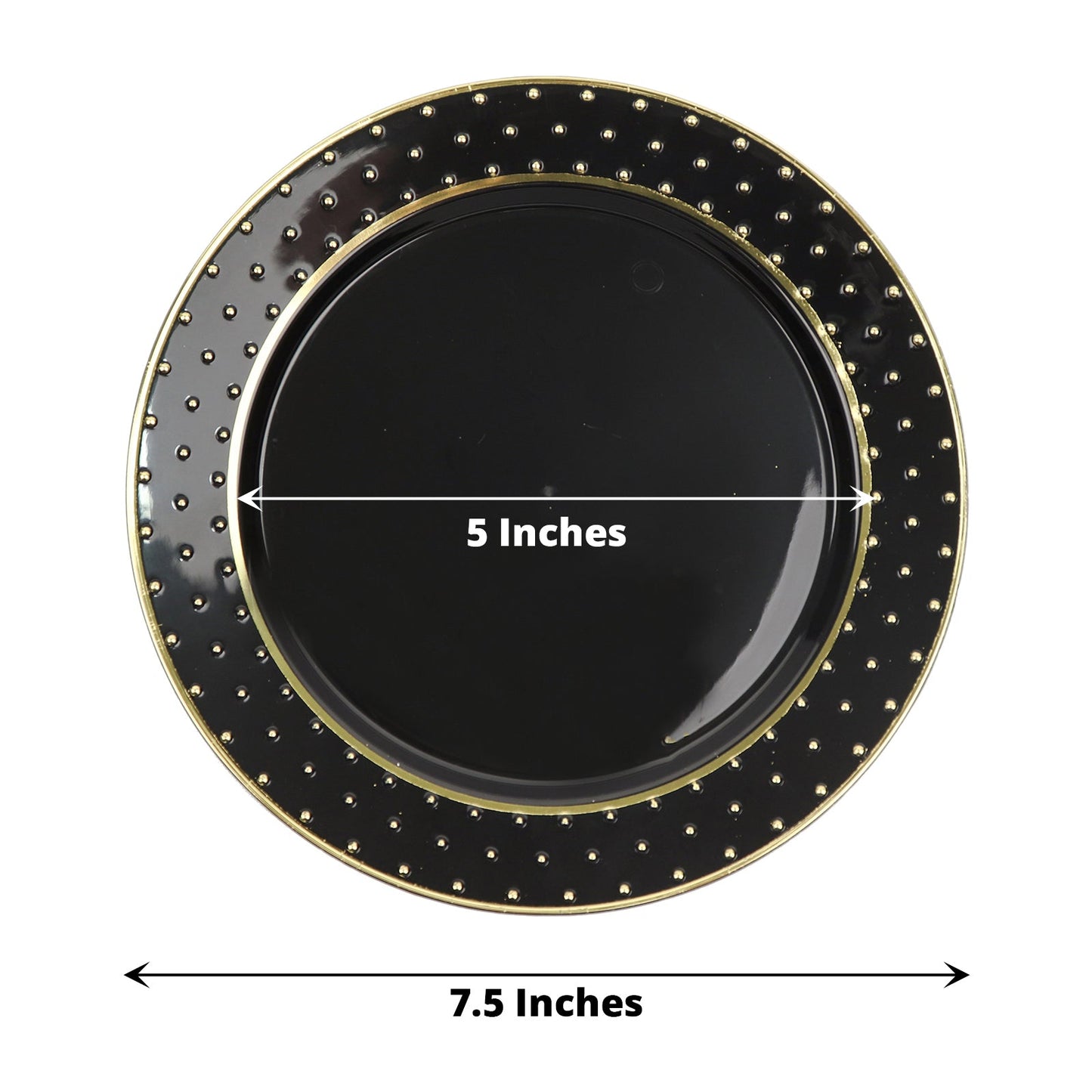 7.5" black and gold round disposable appetizer plates with polka dot rim.