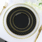 Black and gold 3D round plastic appetizer plates with polka dotted rim.