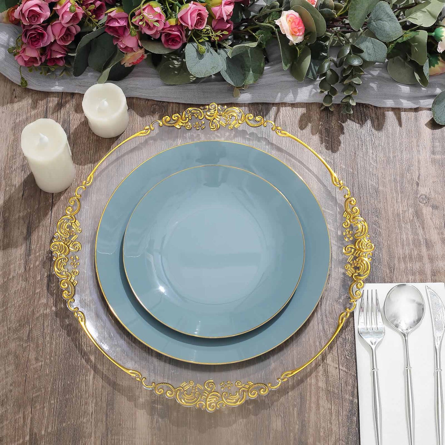 10 Inch Dusty Blue Plastic Plates With Gold Rim 