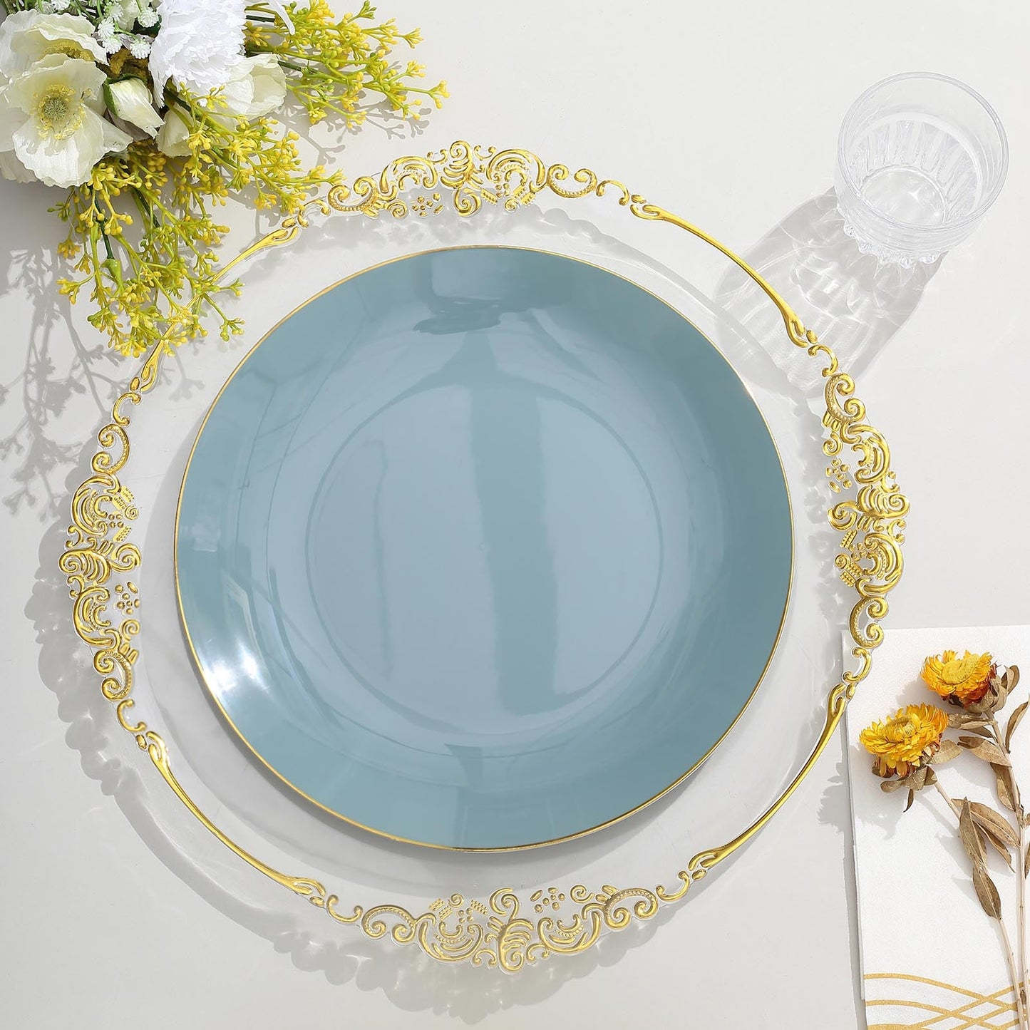 10 Pack Gold Rimmed 10 Inches Plastic Dinner Plates In Dusty Blue  