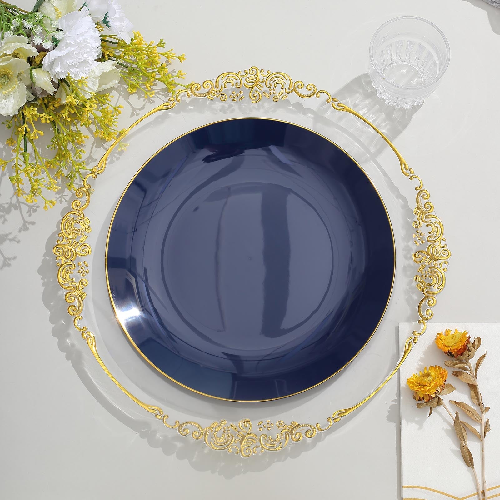 10 Inch Navy Blue Plates With Gold Rimmed Design 10 Count