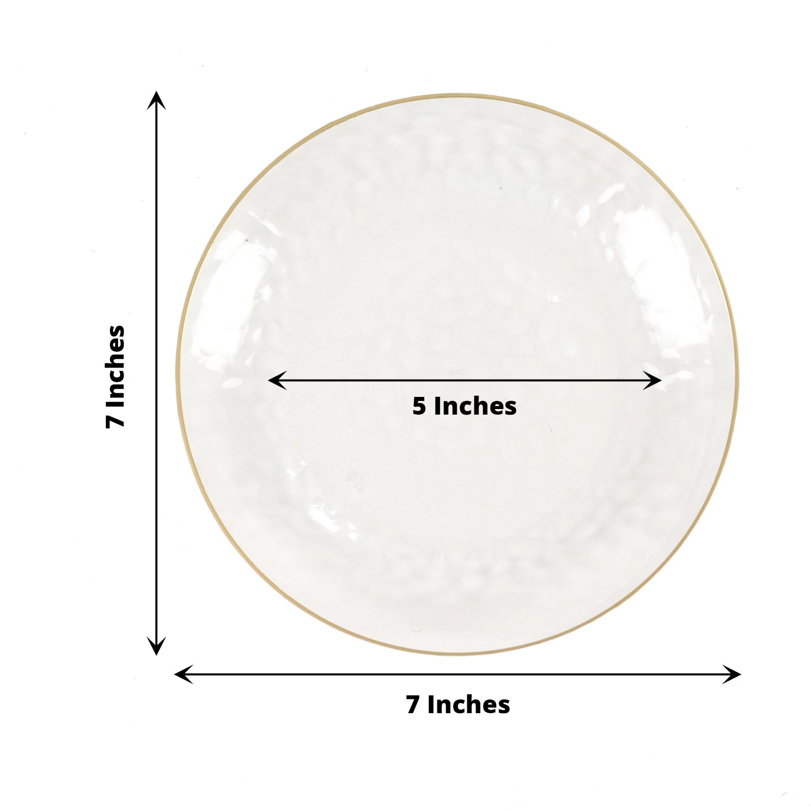 Clear hammered round plastic dessert plates with gold rim.