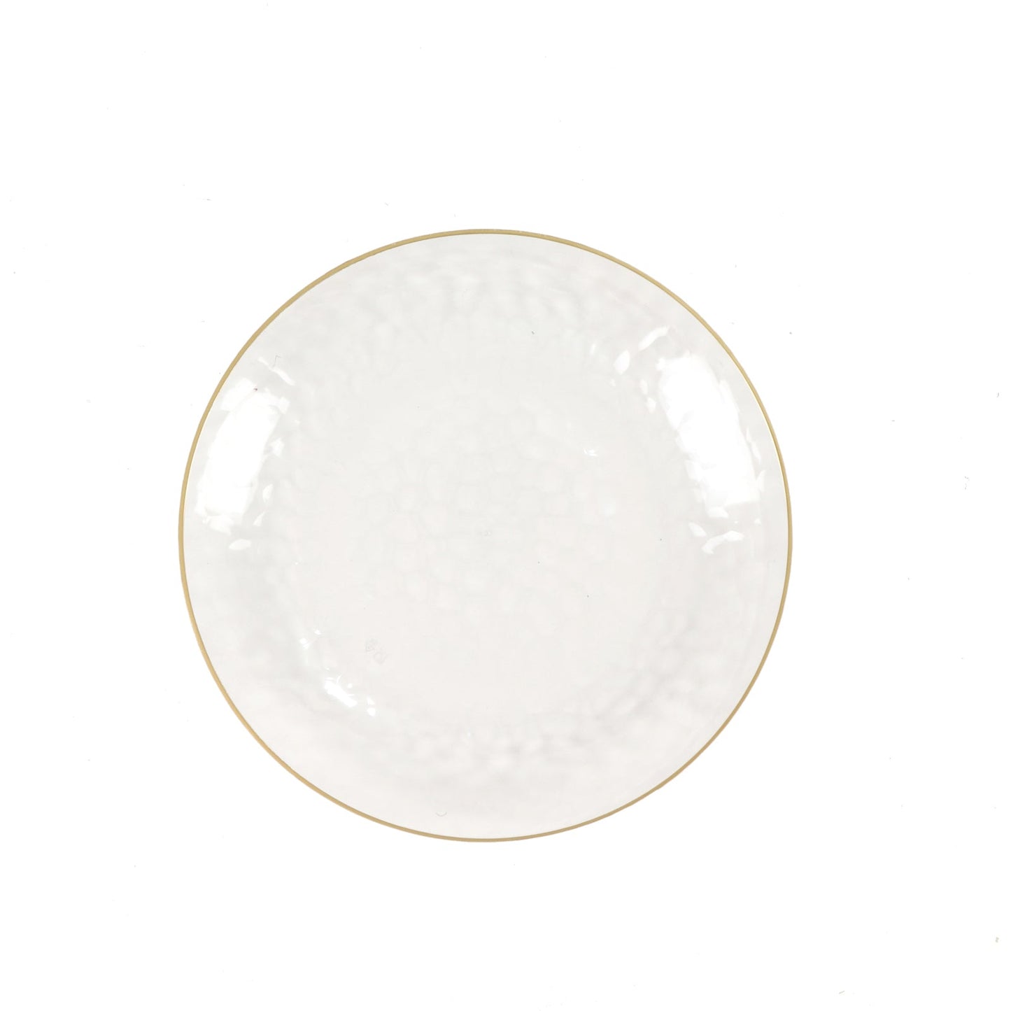 Clear hammered round disposable plate with gold rim.