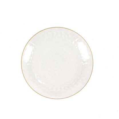 Clear hammered round disposable plate with gold rim.