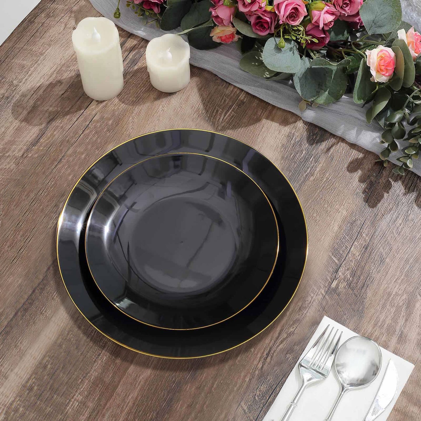 Gold Rim Design Black Round Dessert Plates - 8 Inch 