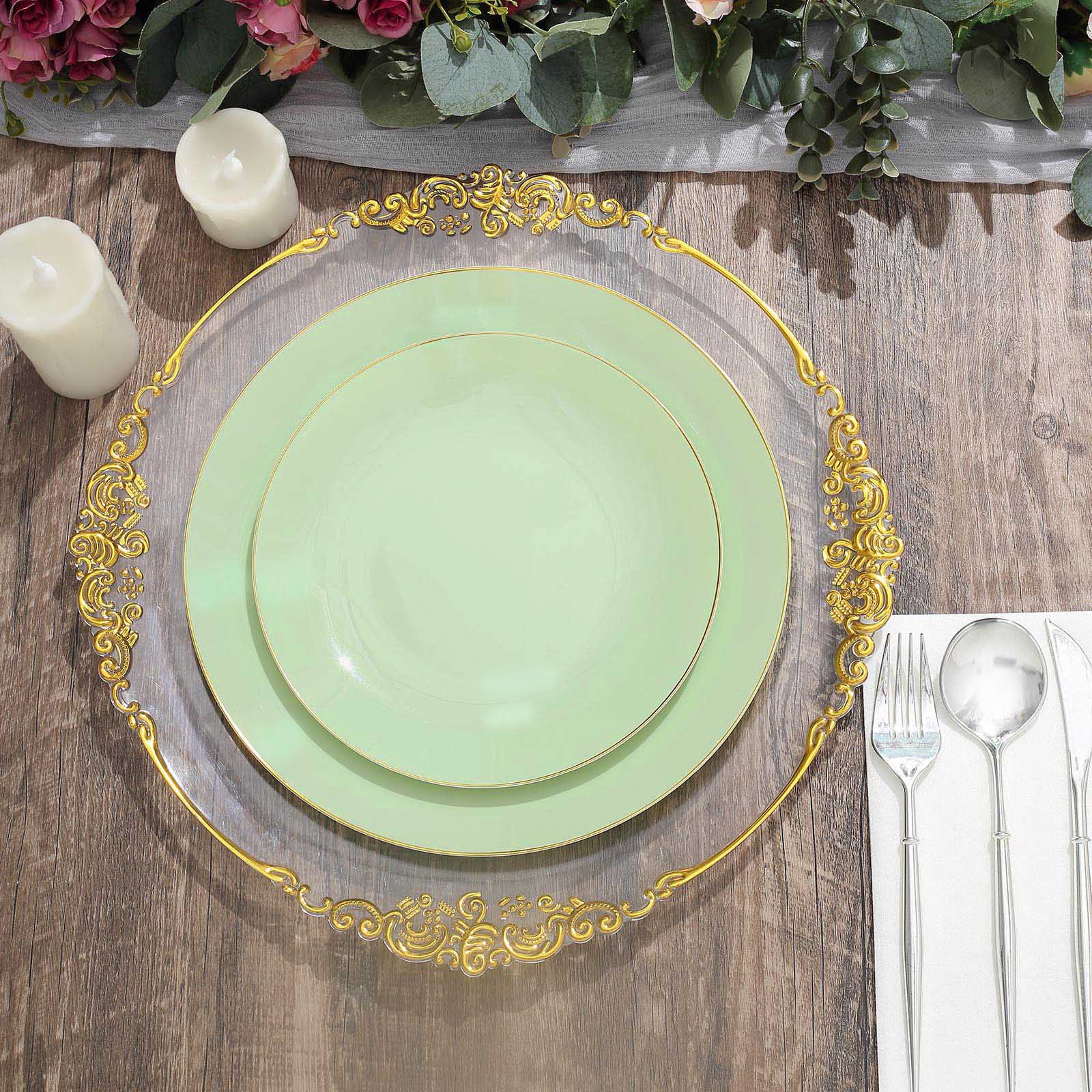 Gold Rimmed 8 Inch Sage Green Plastic Dessert Plates 10 Pack