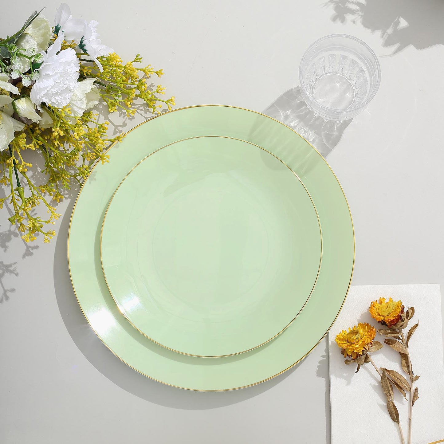 10 Pack | 8" Glossy Sage Green Round Plastic Dessert Plates With Gold Rim, Disposable Appetizer Salad Party Plates