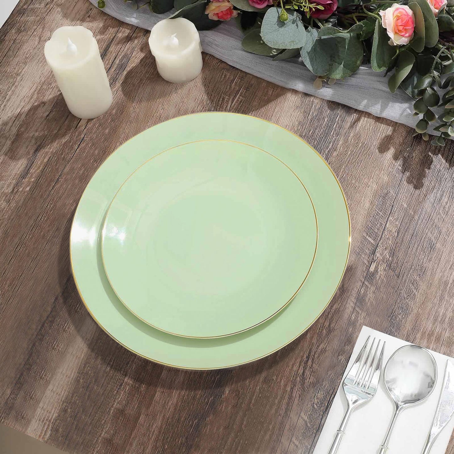 8 Inch Disposable Dessert Plates in Sage Green and Gold