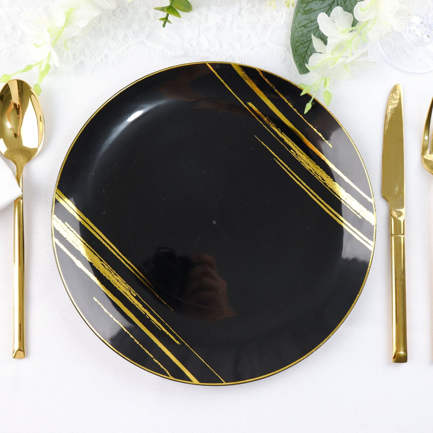 10 Pack | Black and Gold Brush Stroked 10" Round Plastic Dinner Plates, Disposable Party Plates Dinnerware