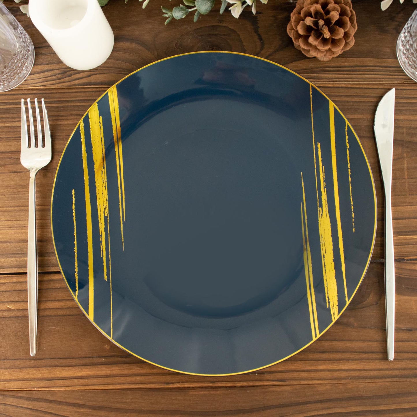 10 Pack | 10" Navy Blue and Gold Brush Stroked Round Plastic Dinner Plates, Disposable Party Plates Dinnerware