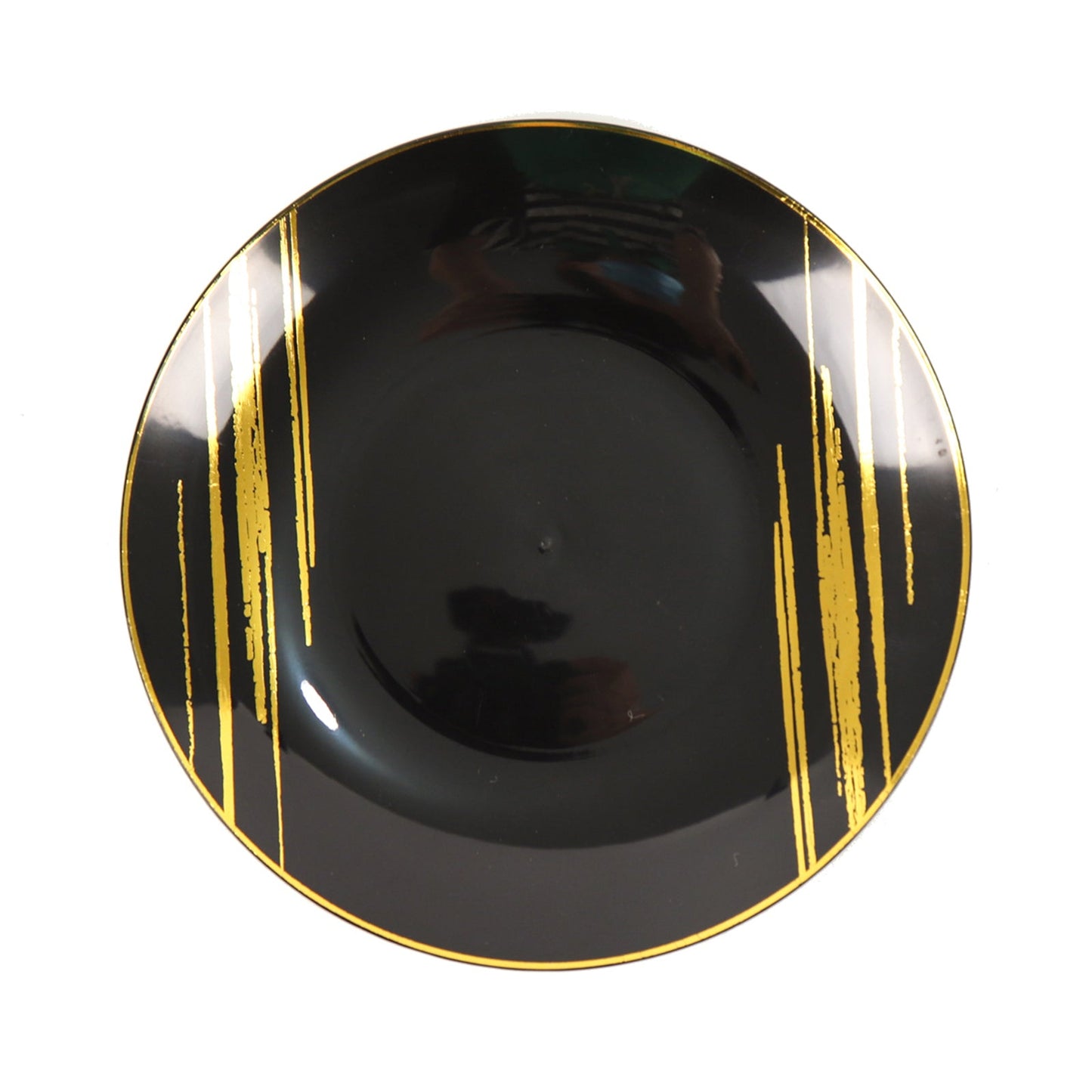 10 Pack Black & Gold 7 Inch Brush Stroked Round Disposable Plastic Party Plates#whtbkgd