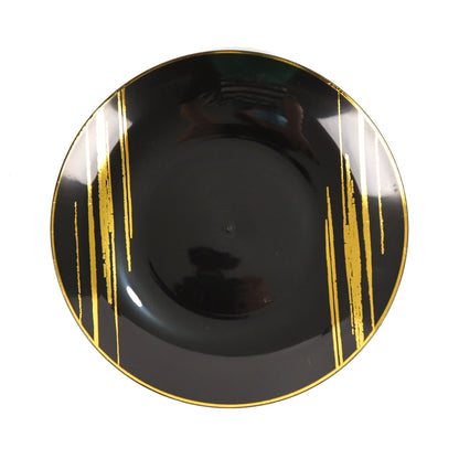 10 Pack Black & Gold 7 Inch Brush Stroked Round Disposable Plastic Party Plates#whtbkgd