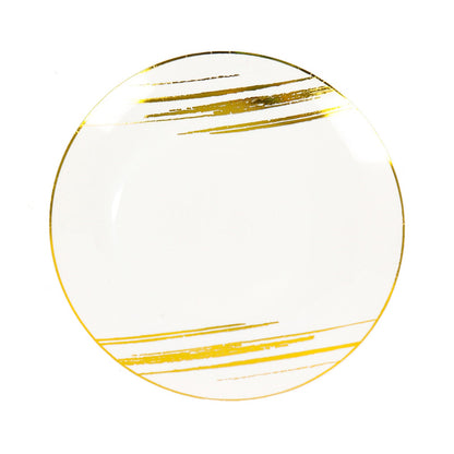 Brush Stroked White & Gold Round Disposable 7 Inch Plastic Party Plates 10 Pack#whtbkgd
