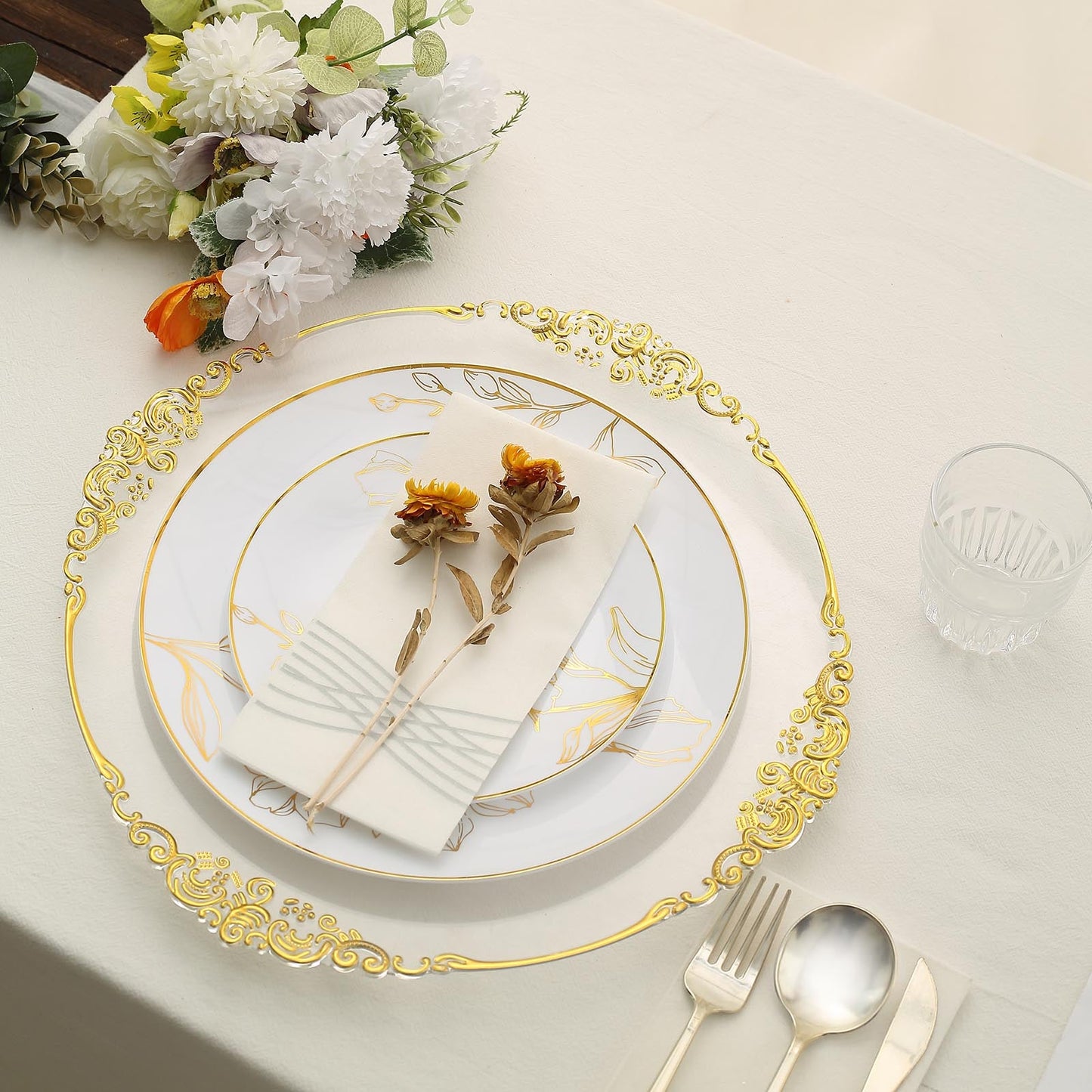 10 Inch X 7 Inch - White & Gold Disposable Plastic Floral Round Dinner And Dessert Party Plates -20 Pack