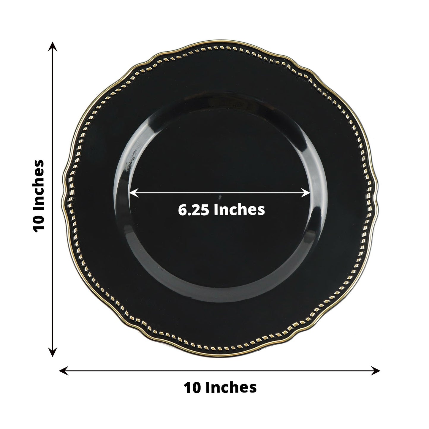 Black decorative plate with gold trim, 10 inches diameter and 6.25 inches center.