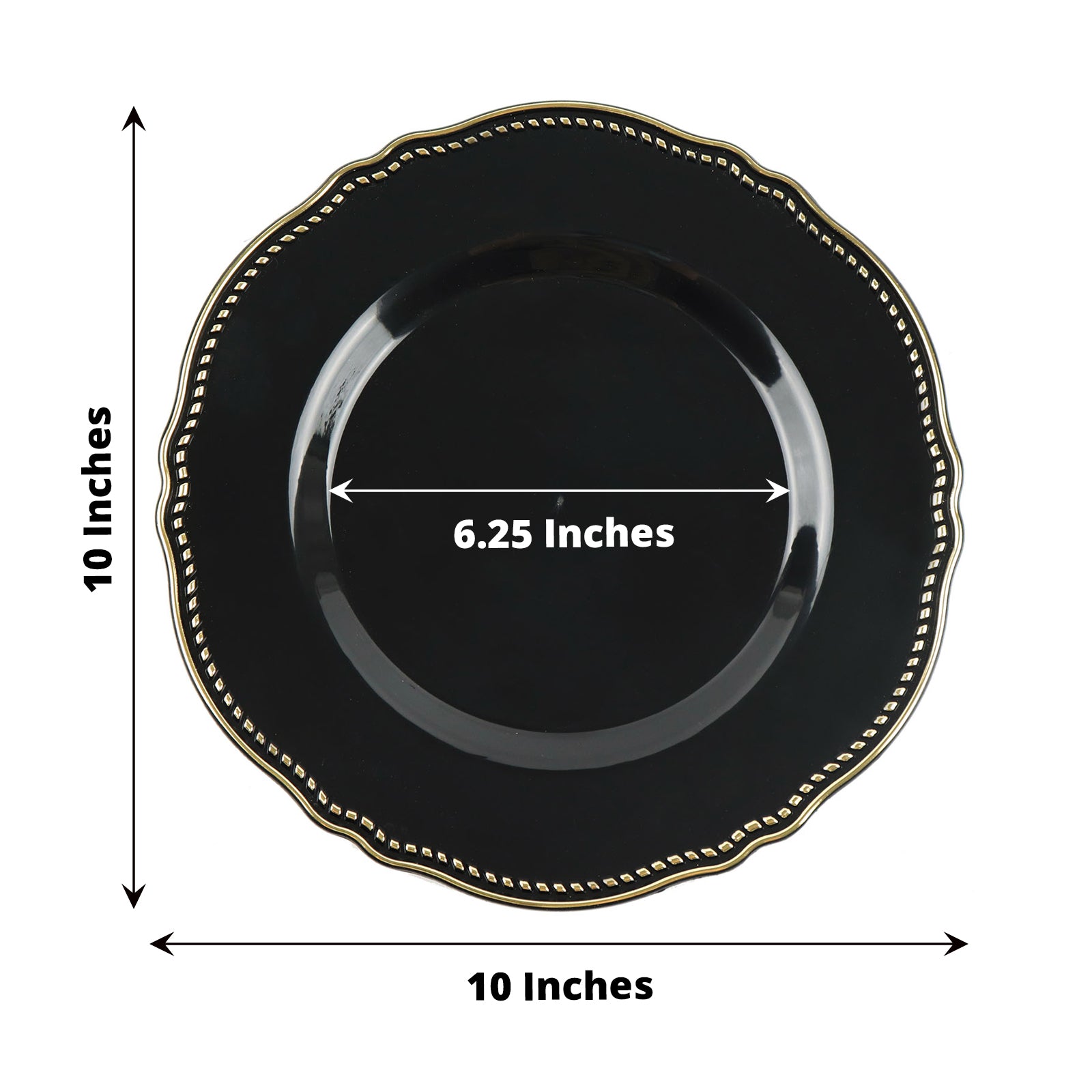 Black decorative plate with gold trim, 10 inches diameter and 6.25 inches center.