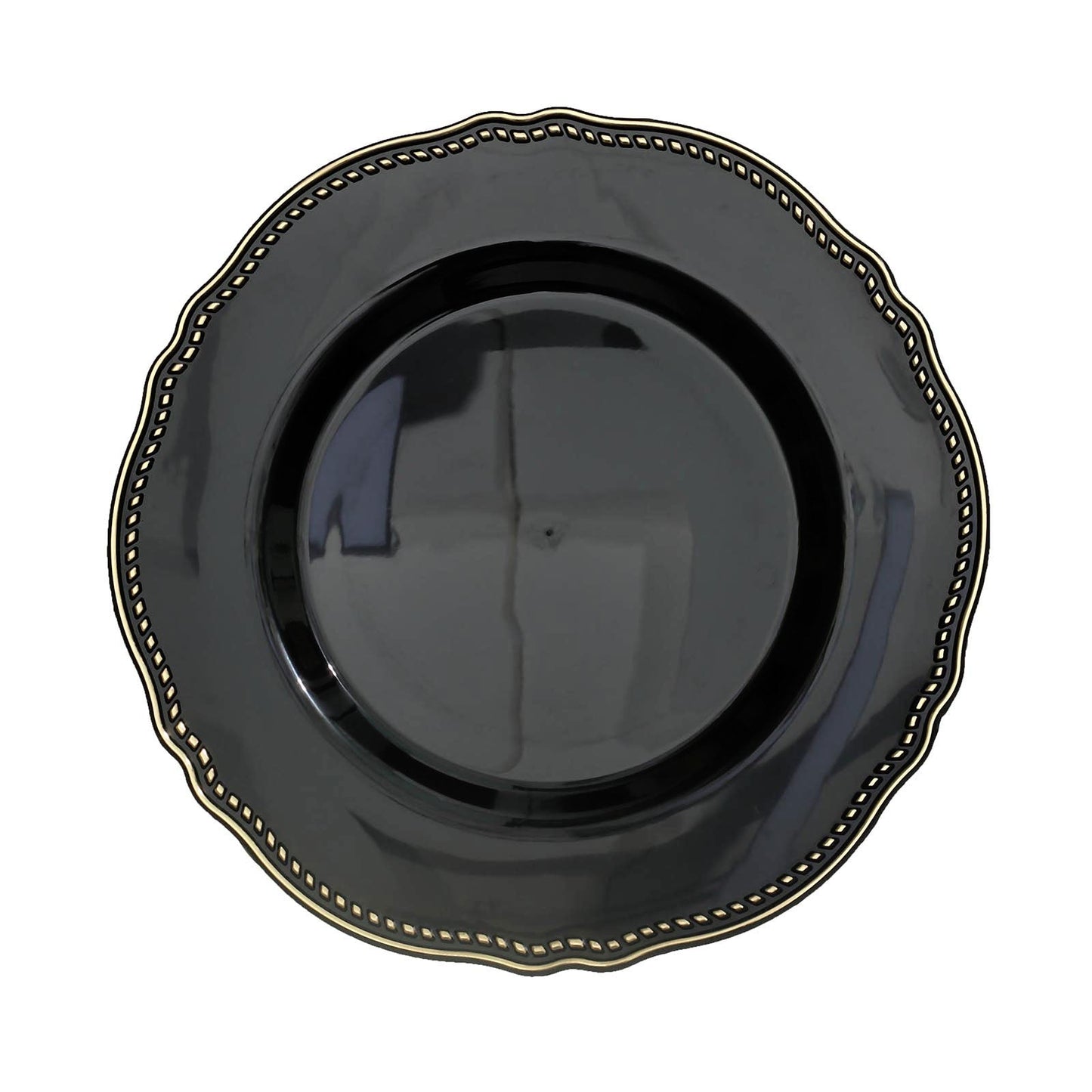 Elegant black plate with gold trim and scalloped edges. Perfect for dining decor.