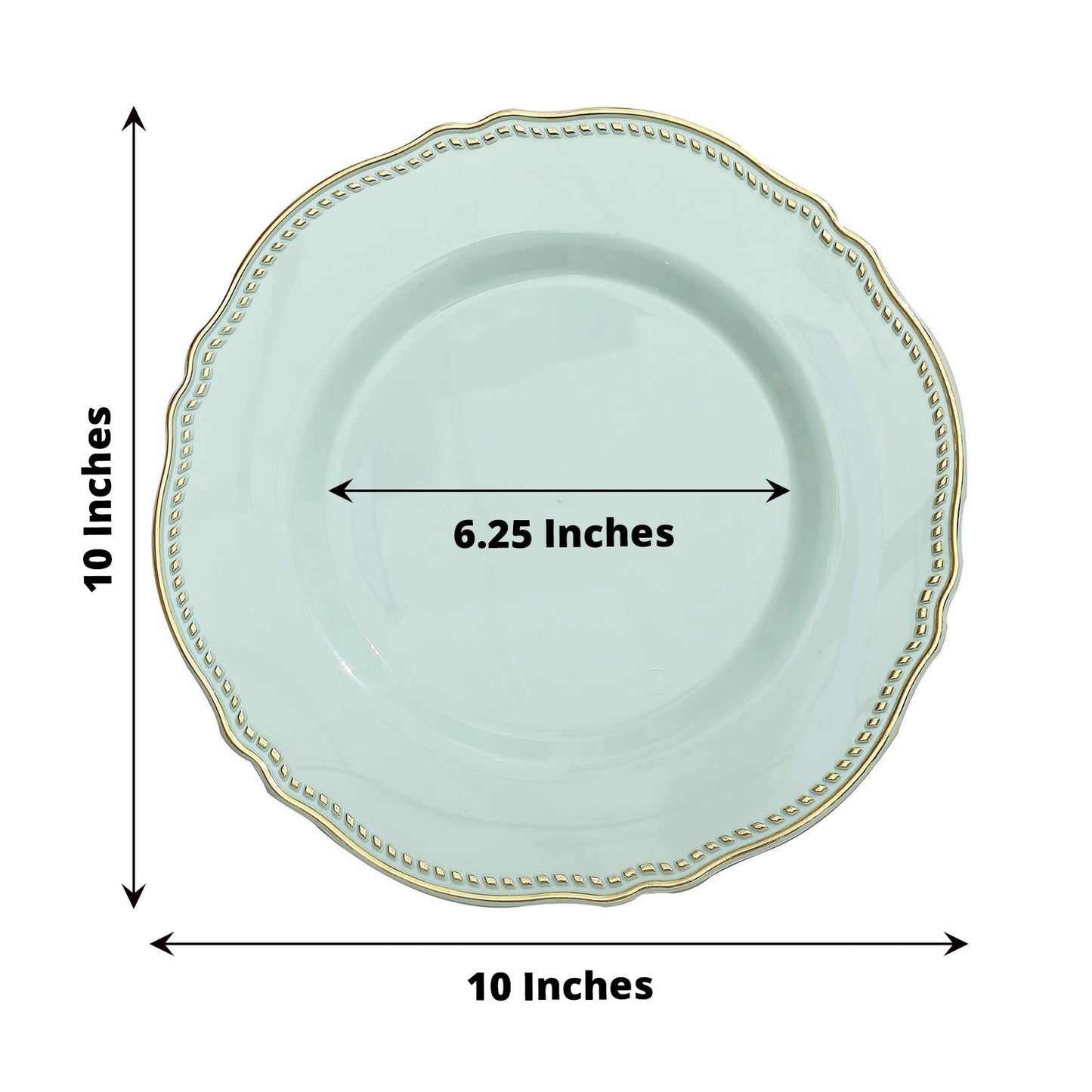 10" jade and gold scalloped rim disposable dinner plate.