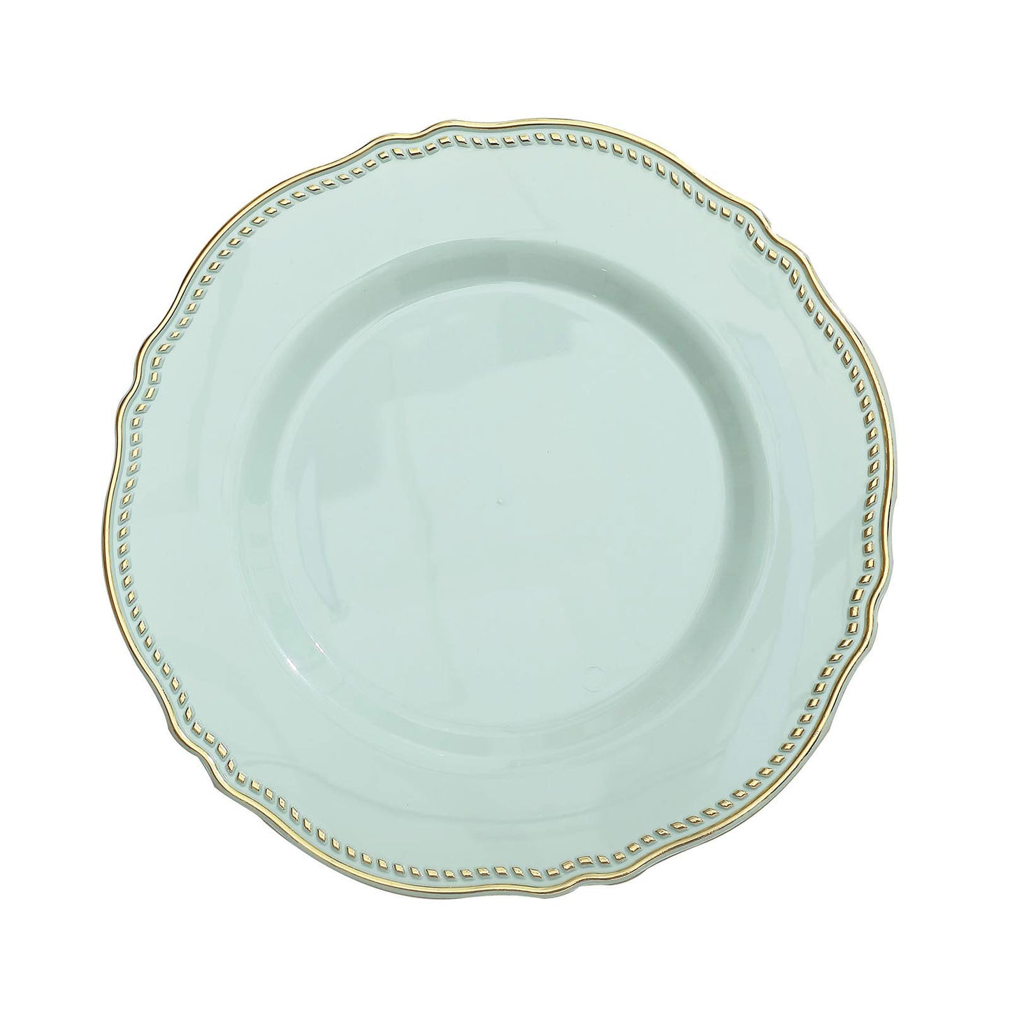 Jade green scalloped rim plastic dinner plate with gold trim.