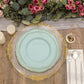 10" jade scalloped rim plastic dinner plates with gold accents, perfect for parties.
